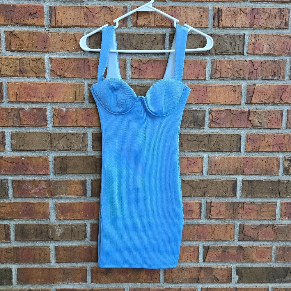 Hello Molly "After  The Grammys" Blue Ribbed Sweetheart Mini Dress XS - Picture 4 of 6